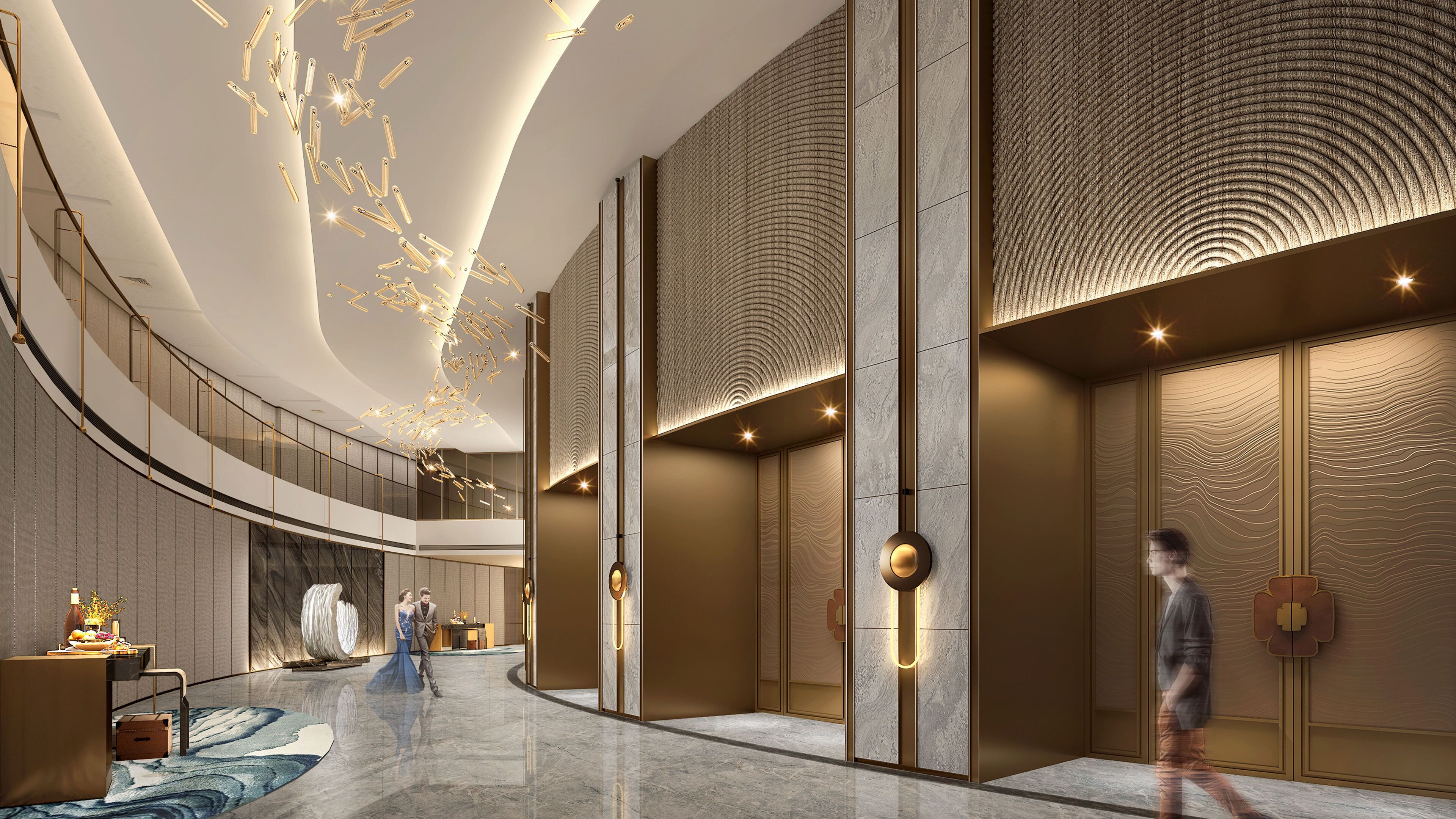 A modern interior with a curved ceiling, a central column, and a patterned wall.