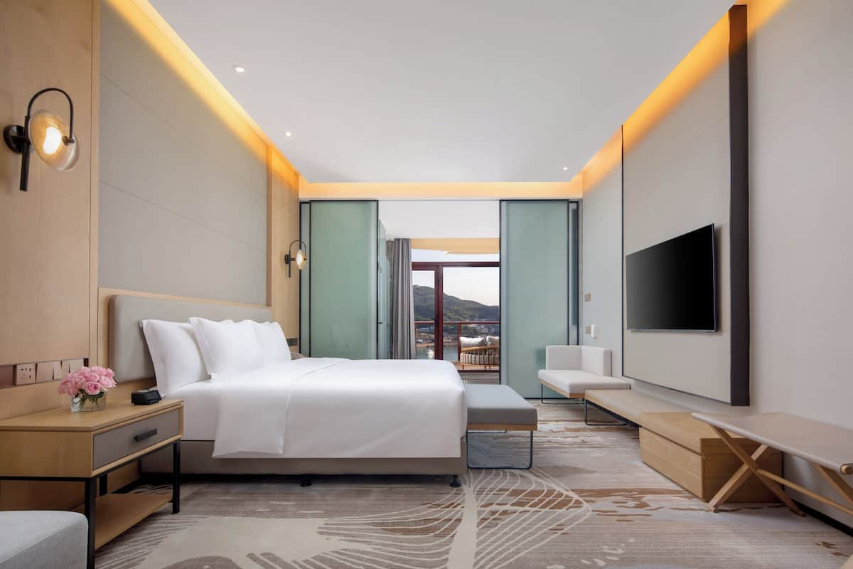 A modern hotel room with a large bed, bedside table, TV, and a view of the outdoors.