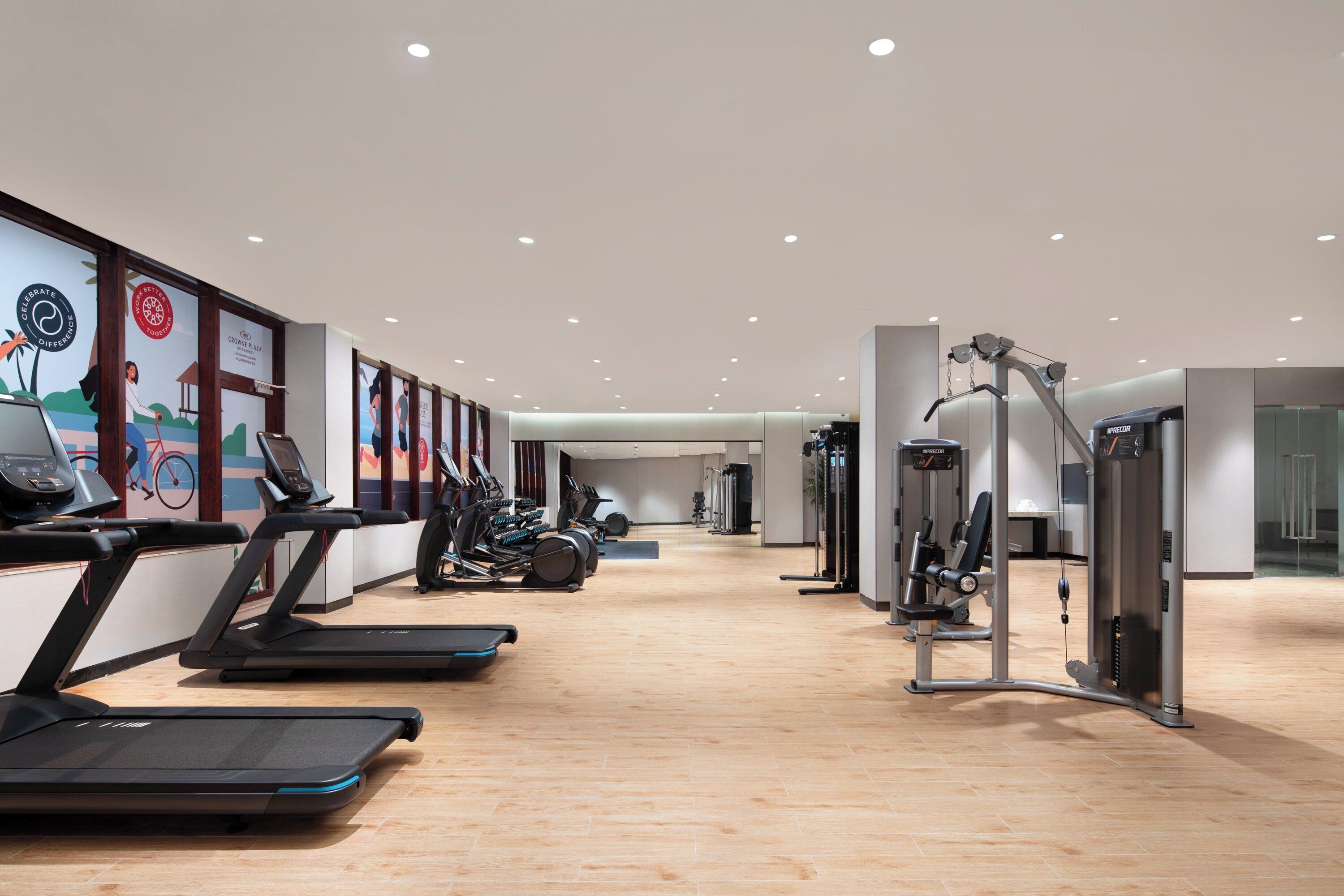 A gym with treadmills, elliptical machines, and weight equipment.
