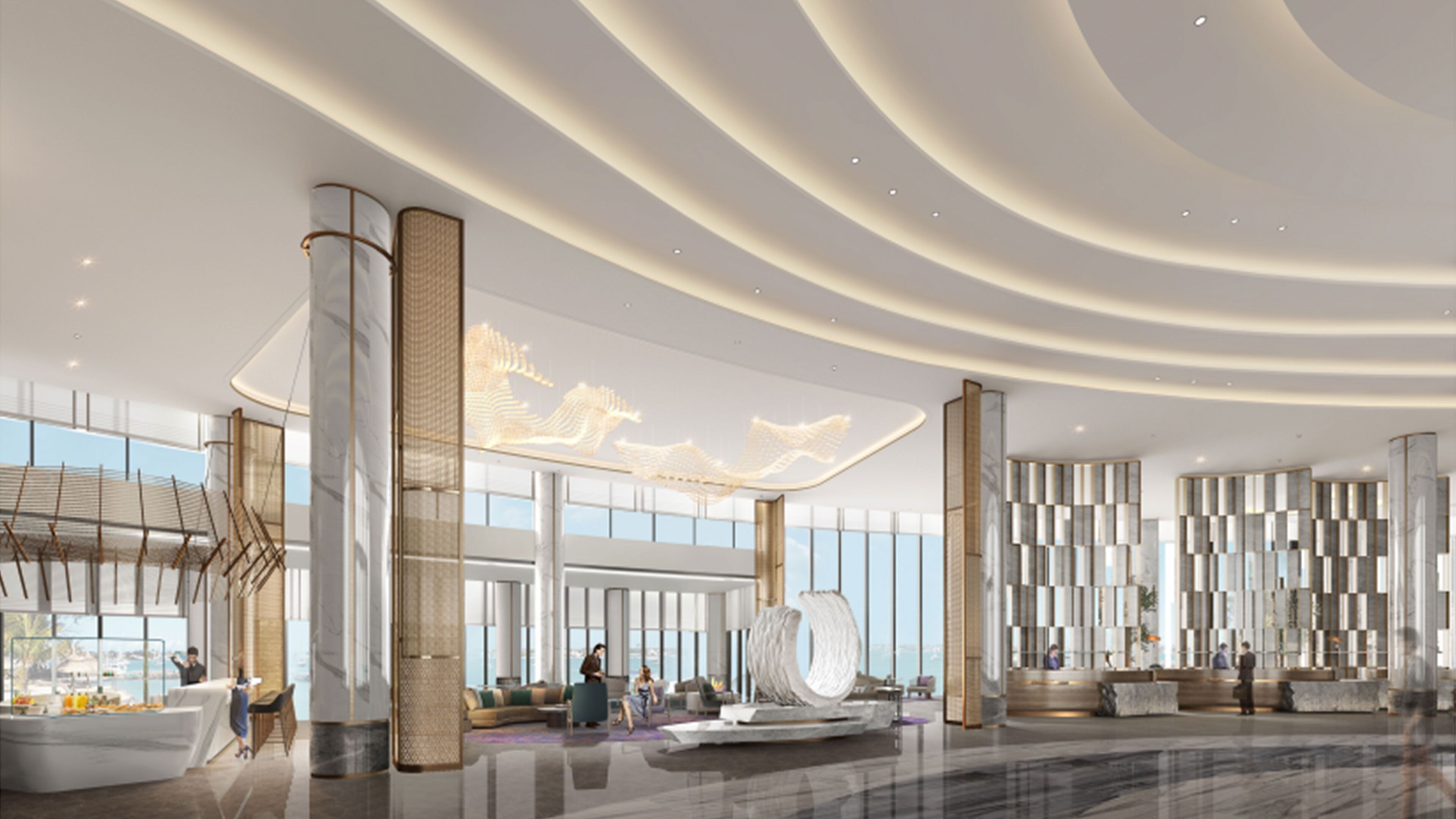 A spacious lobby with a modern design, featuring a reception desk, seating areas, and a large decorative ceiling.