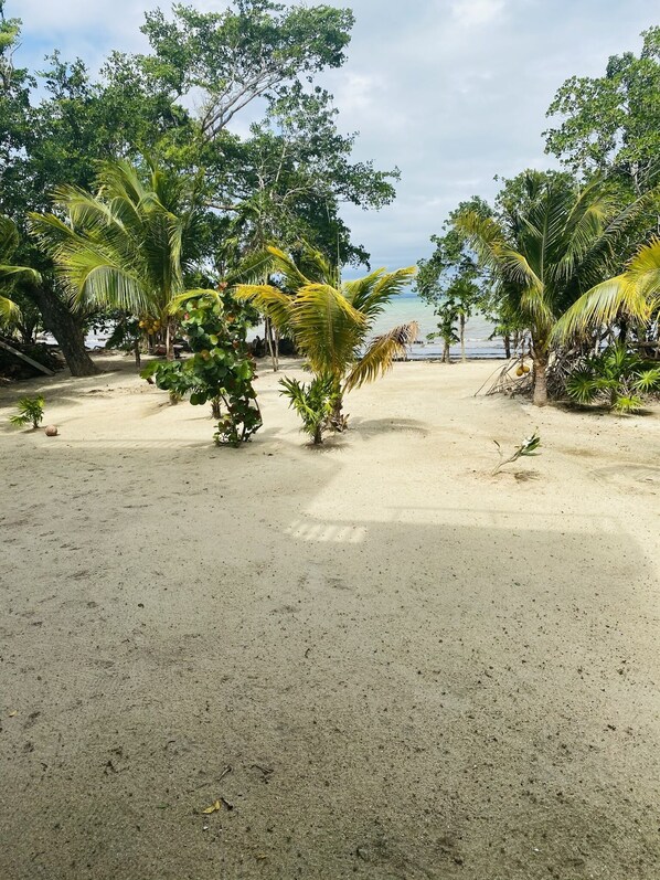 On the beach, sun loungers, beach towels