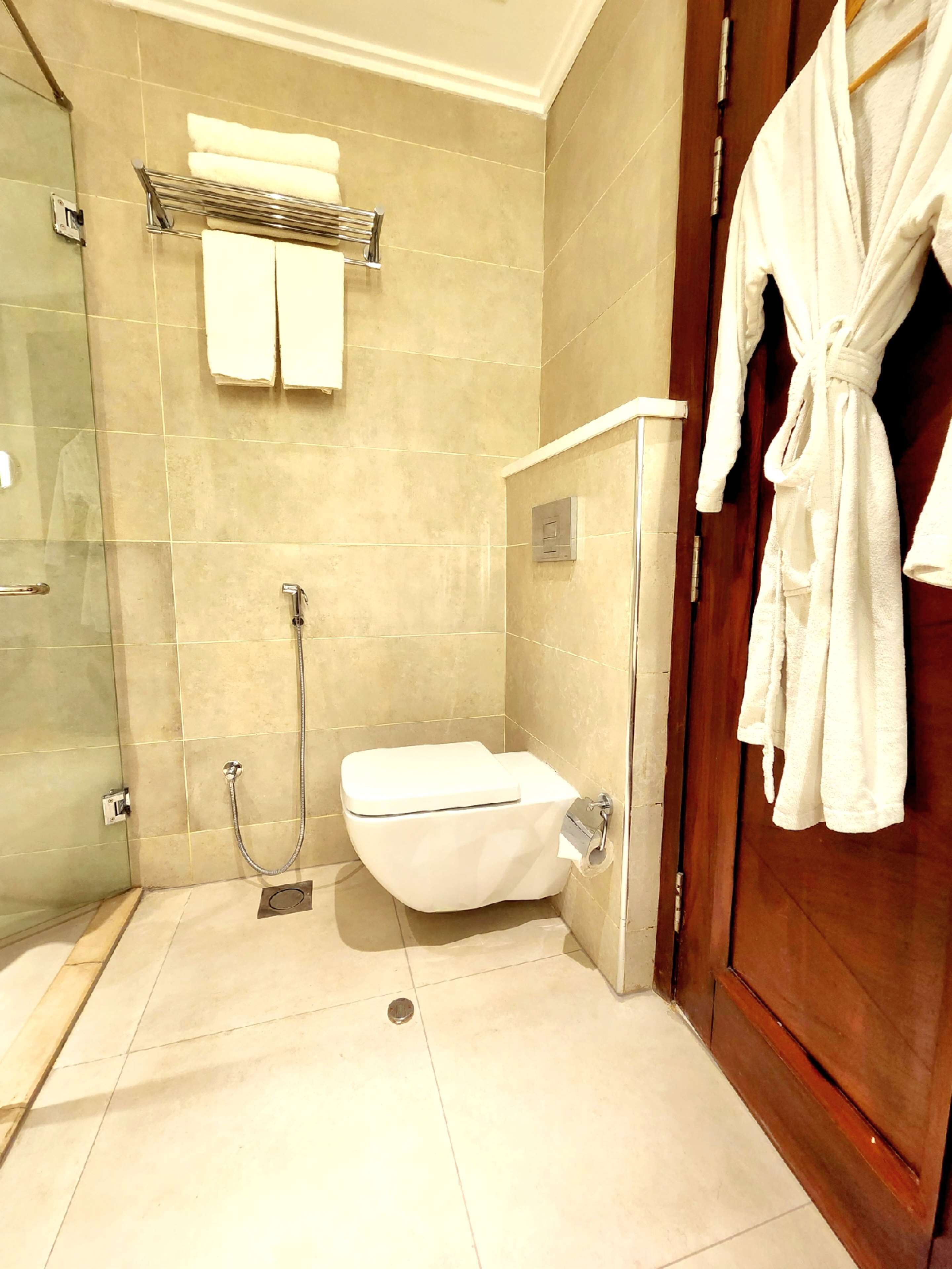A modern bathroom with a glass-enclosed shower, a white toilet, and a wooden door.