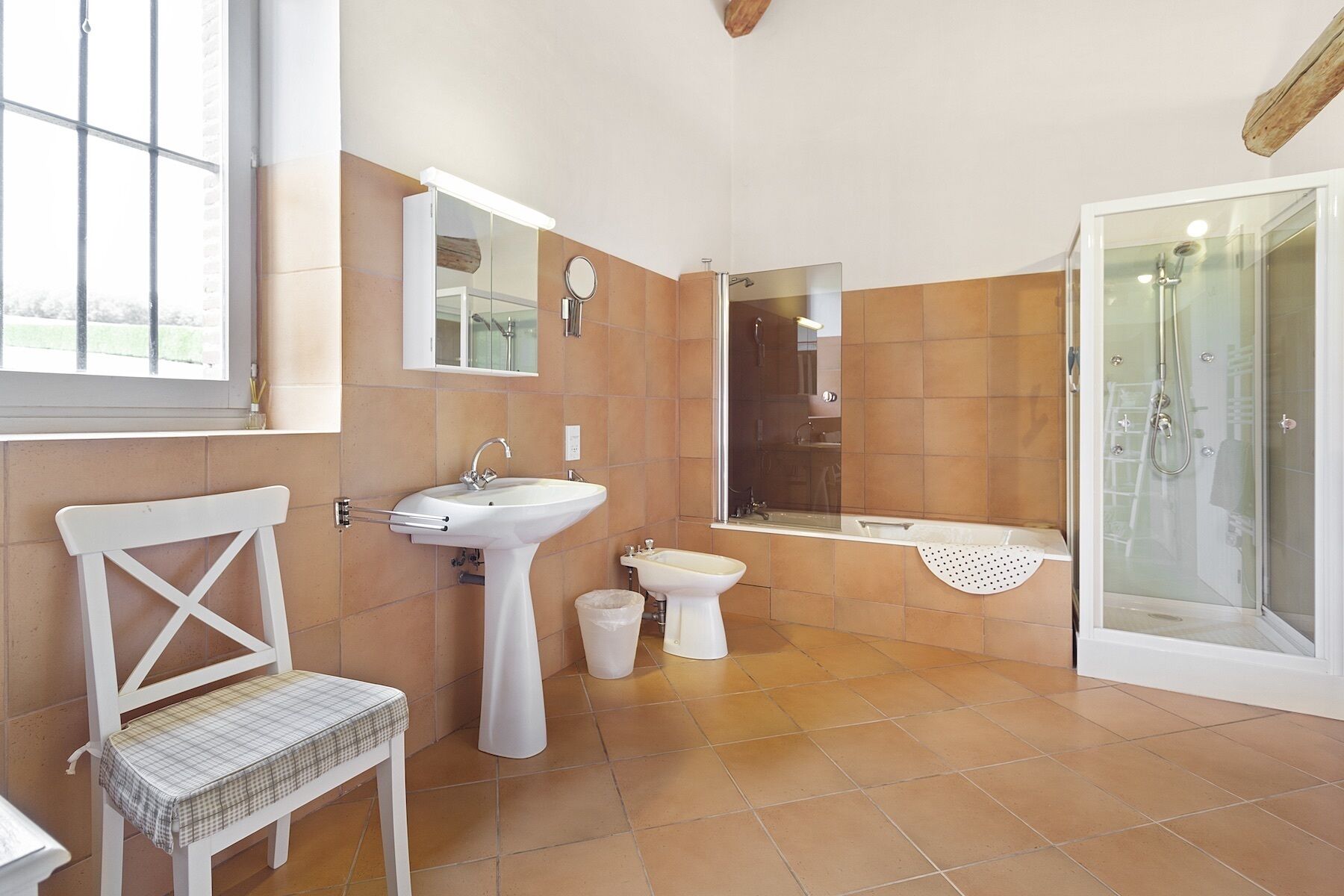 A bathroom with a sink, bidet, and shower.