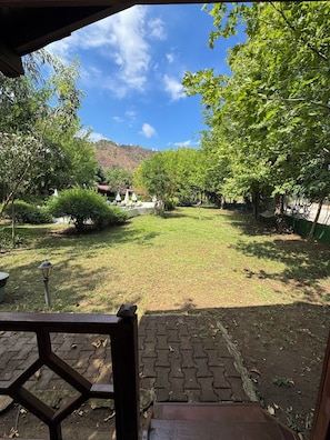 Vista de uma área coberta para um gramado com árvores e uma montanha ao fundo.