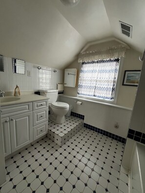 Bathroom features a toilet, sink, and window with a patterned curtain, set against a simple, clean design.