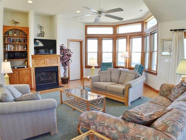 Televisión, chimenea, videojuegos y reproductor de DVD 