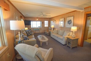 Televisión, reproductor de DVD, libros