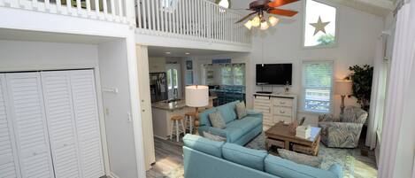 DVD player, books, video library