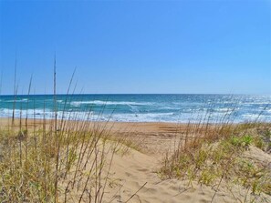 A beach with sand and sparse vegetation. - This cozy oceanfront property is full of the "Old Nags Head" charm (Kill Devil Hills)