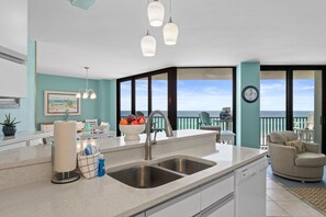 Panoramic Condo, 2 Bedrooms, Ocean View (405 W) | Private kitchen | Fridge, microwave, oven, stovetop - AquaVista by Book That Condo (Panama City Beach)
