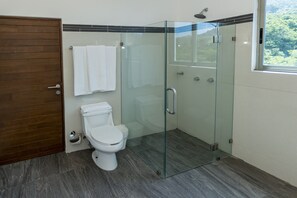 A modern bathroom with a glass-enclosed shower, a white toilet, and a wooden door.