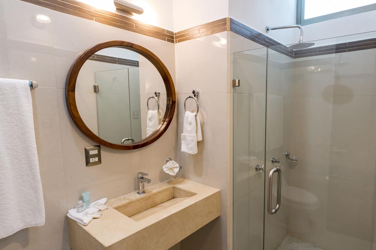 standard room | bathroom | shower, rainfall showerhead, free toiletries, towels