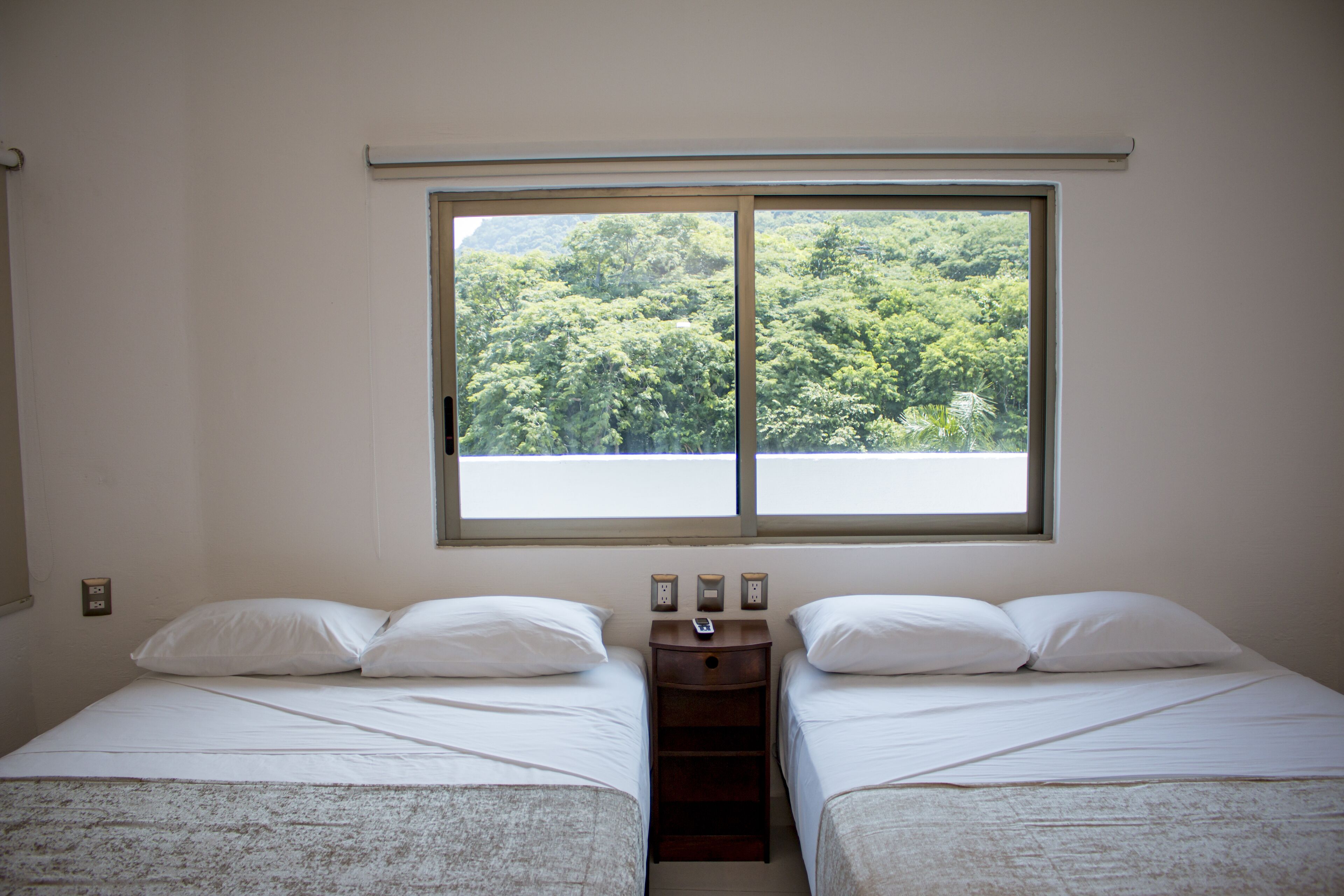 A bedroom with two beds, a window with a view of a forest, and a nightstand with a phone.