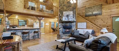 Smart TV, fireplace, foosball