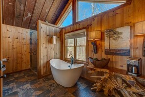 Combined shower/tub, hair dryer, towels