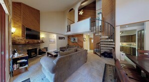 Smart TV, fireplace, video games, DVD player