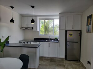 Frigorífico, microondas, horno y placa de cocina