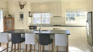 Executive House | Private kitchen | Fridge, oven, stovetop, cookware/dishes/utensils