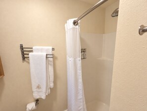 Une salle de bain avec un rideau de douche, un porte-serviettes avec deux serviettes et un porte-rouleau de papier toilette.