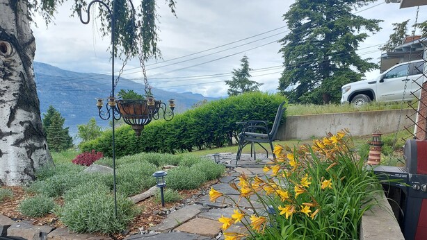 Ein Garten mit einem Kiesweg, einer Birke, einer Hängeleuchte und einem Grill.