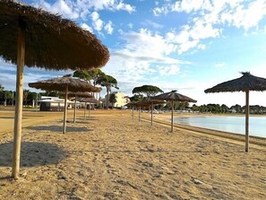 Une plage avec des parasols en chaume et un rivage sablonneux.