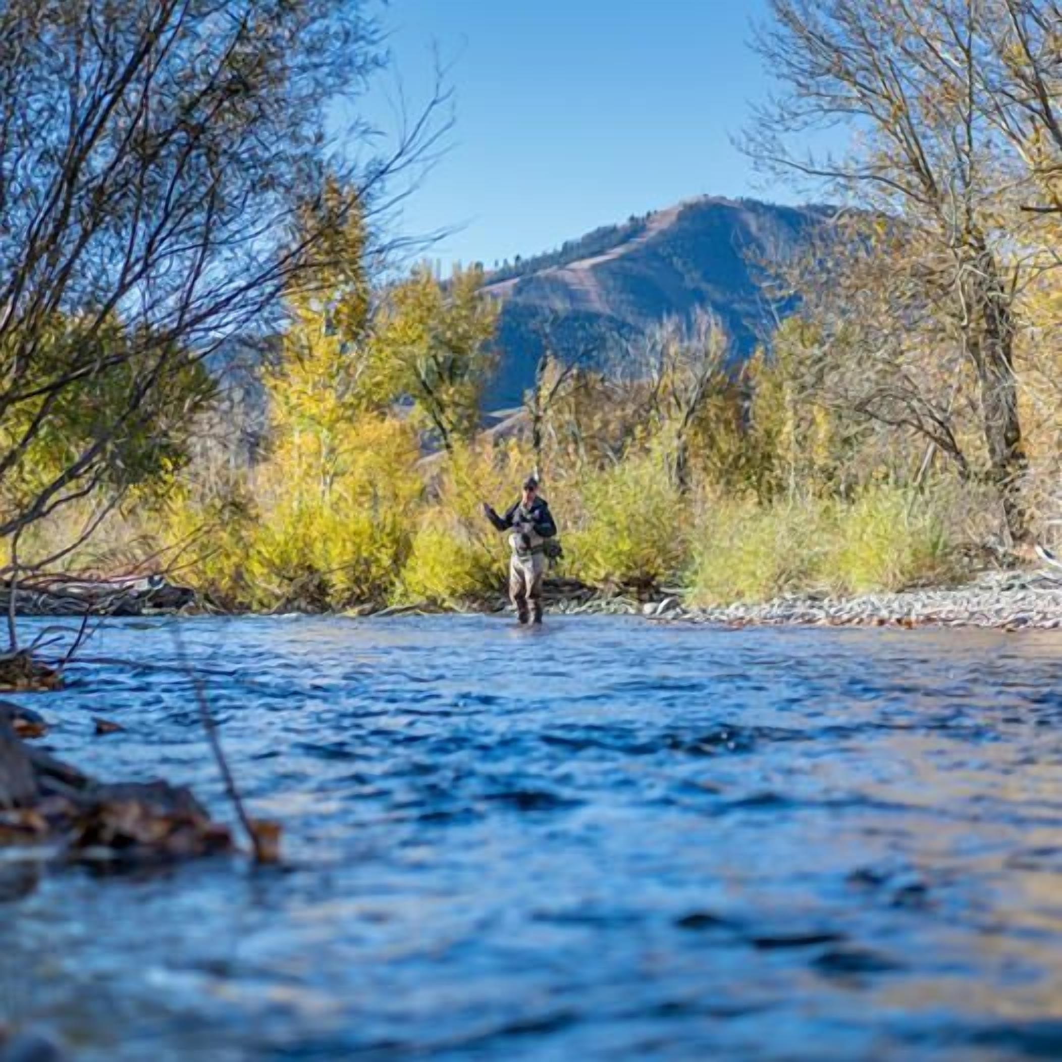 A person standing in a river surrounded by trees and hills.