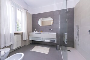 Bathtub, hair dryer, bidet, towels