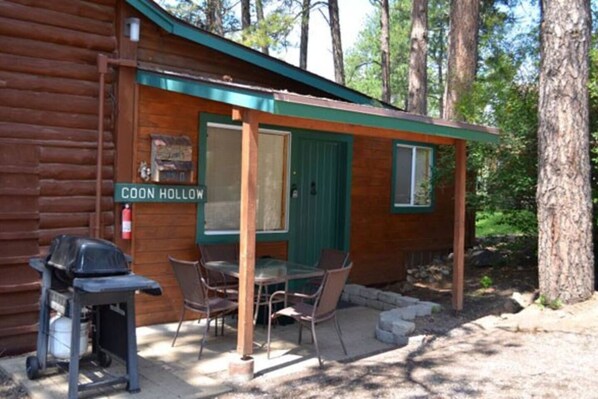 Una cabaña pequeña con puerta verde y ventanas, una parrilla y mobiliario exterior.