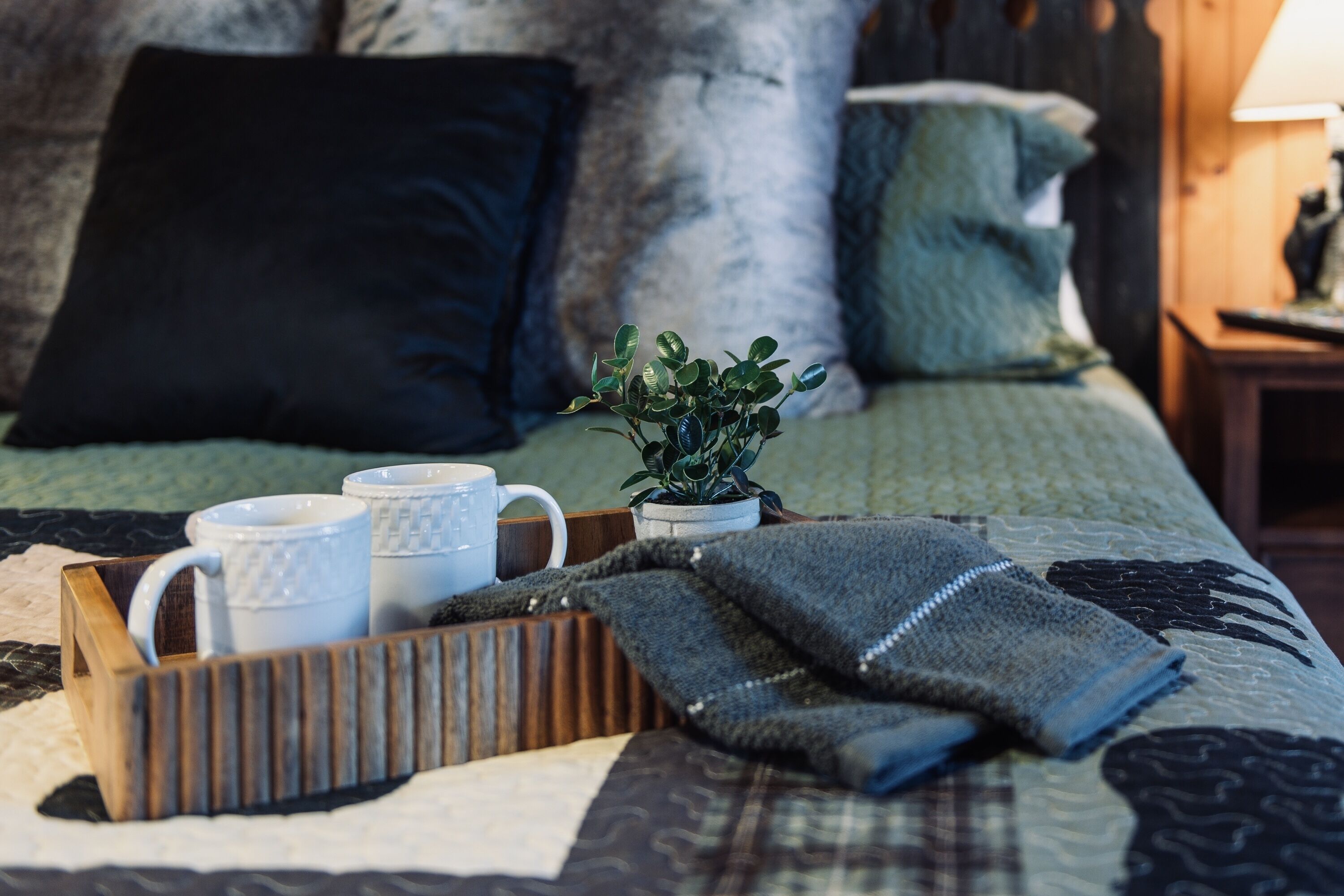 A neatly made bed with a quilt, a tray with mugs, a small plant, and a folded towel.