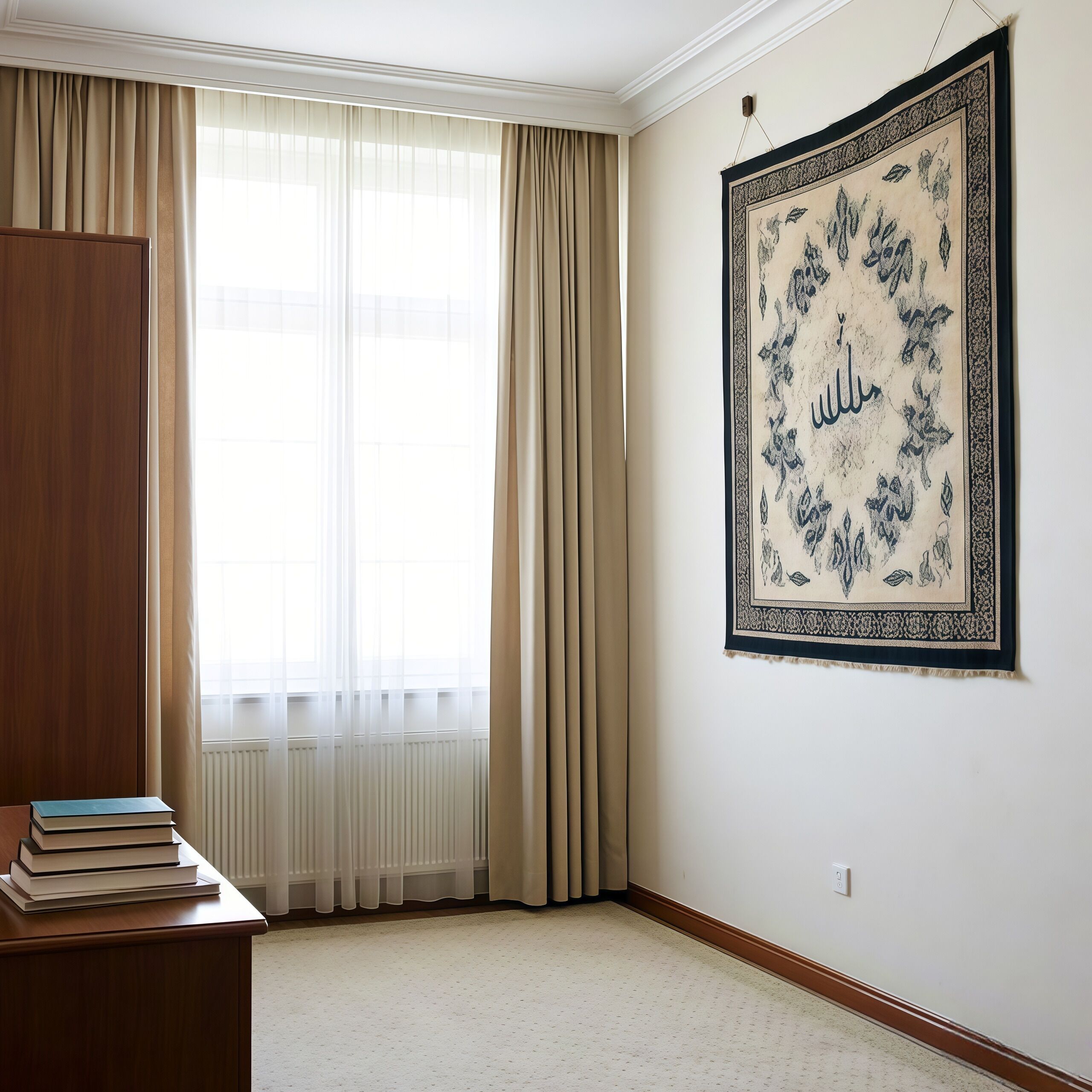 A room with a large window, beige curtains, a wooden desk with books, and a framed Arabic calligraphy piece on the wall.