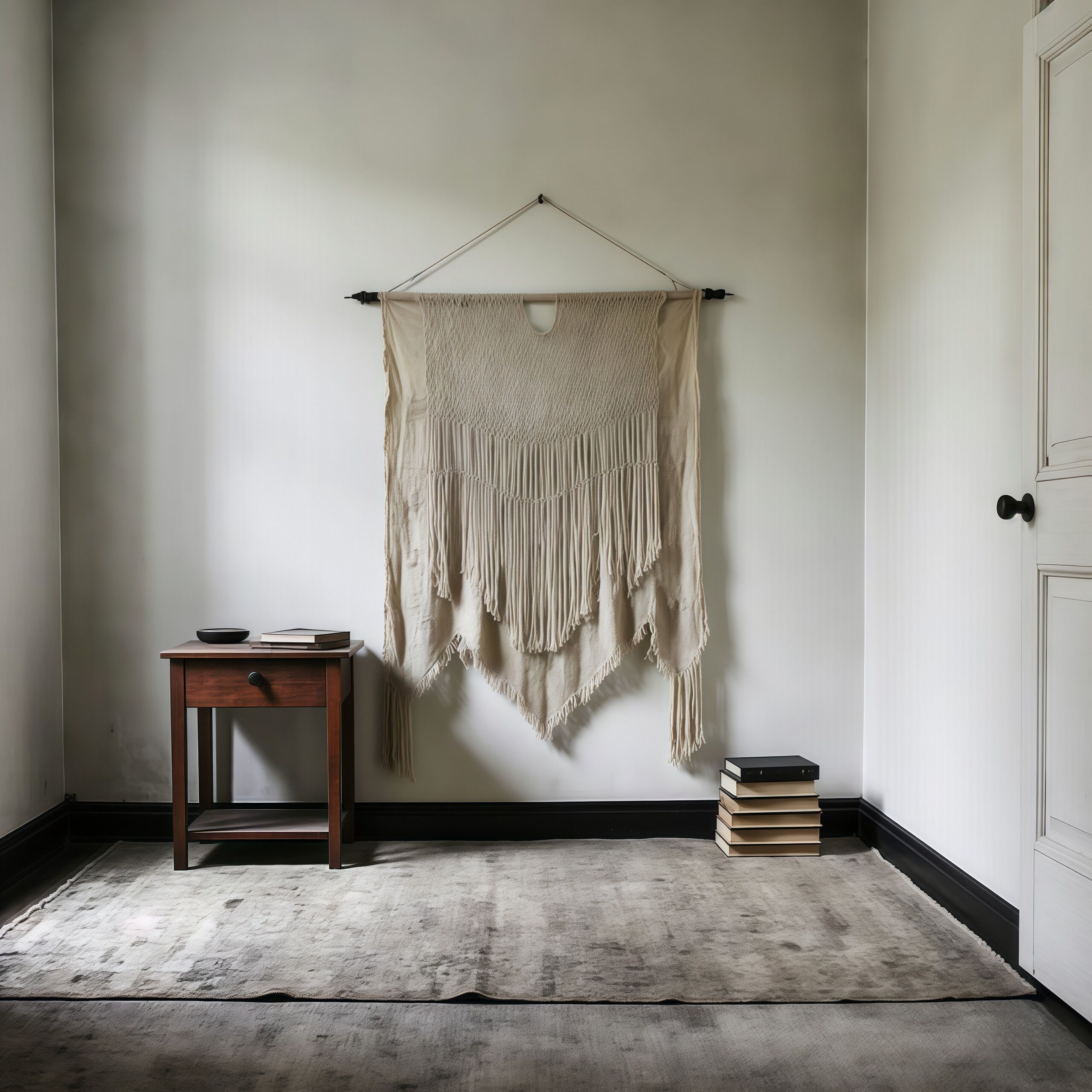 A room with a macrame wall hanging, a small wooden table with books, and a stack of books on the floor.