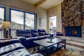 Smart TV, chimenea y libros 