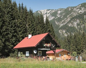 Une cabane en bois avec un toit rouge, entourée d’une forêt dense et de montagnes.