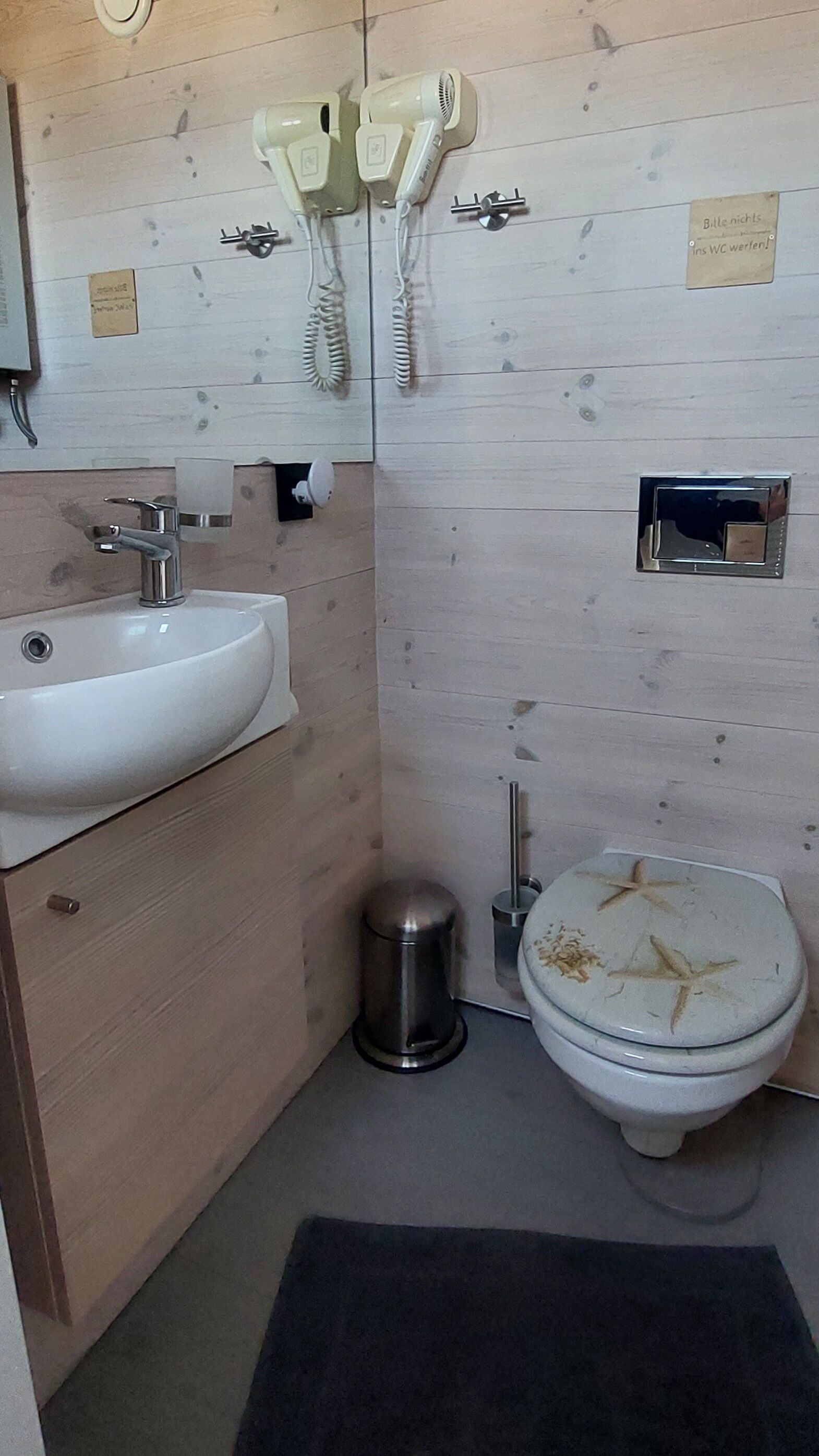 A bathroom with a sink, toilet, and hairdryer.