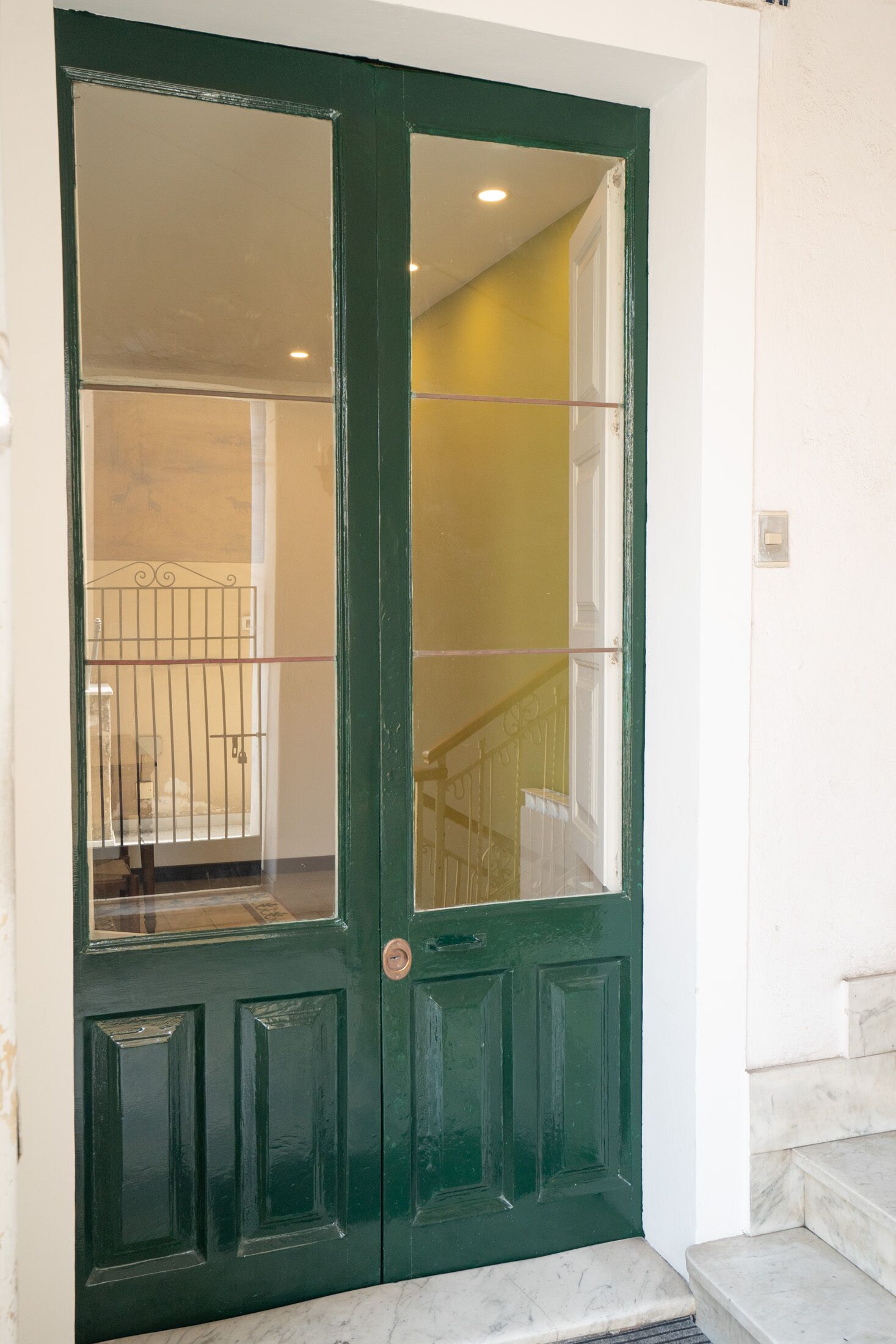 Une porte verte avec un panneau de verre, un portail en métal et un escalier en marbre.