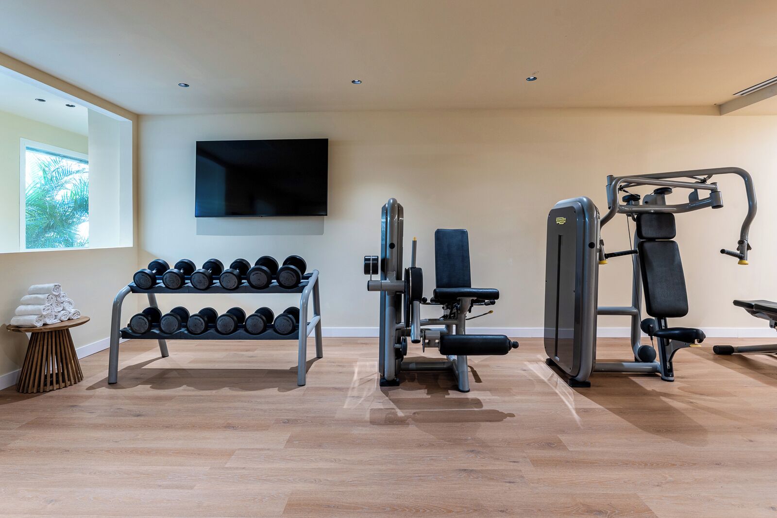 A gym with exercise equipment, a TV, and a rack of dumbbells.