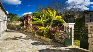 A stone-paved courtyard with a stone wall, a banana tree, and a gate. - 1841 Petrino (Kefalonia)