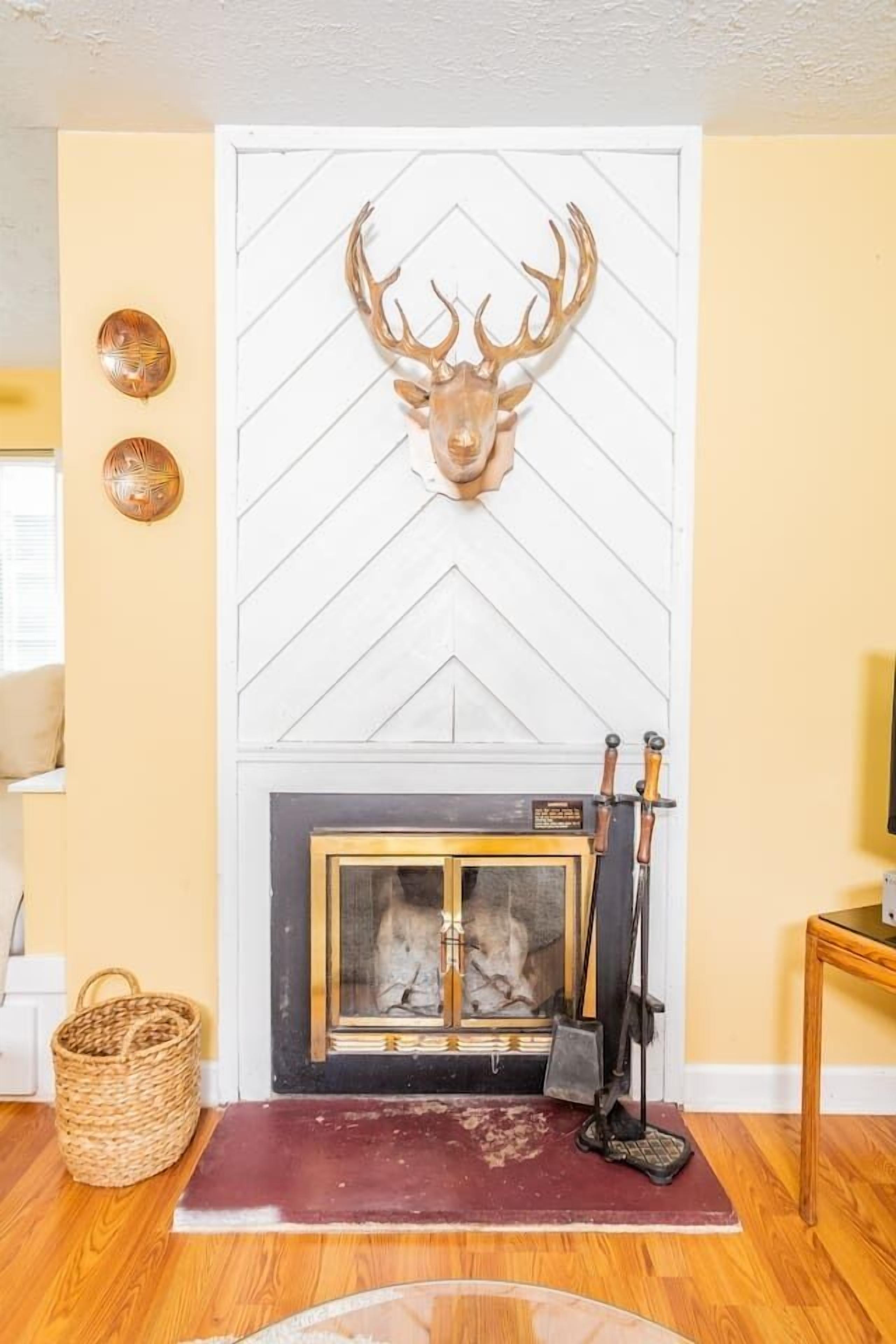 A fireplace with a deer head above it, a mantel with decorative items, and a rug in front.