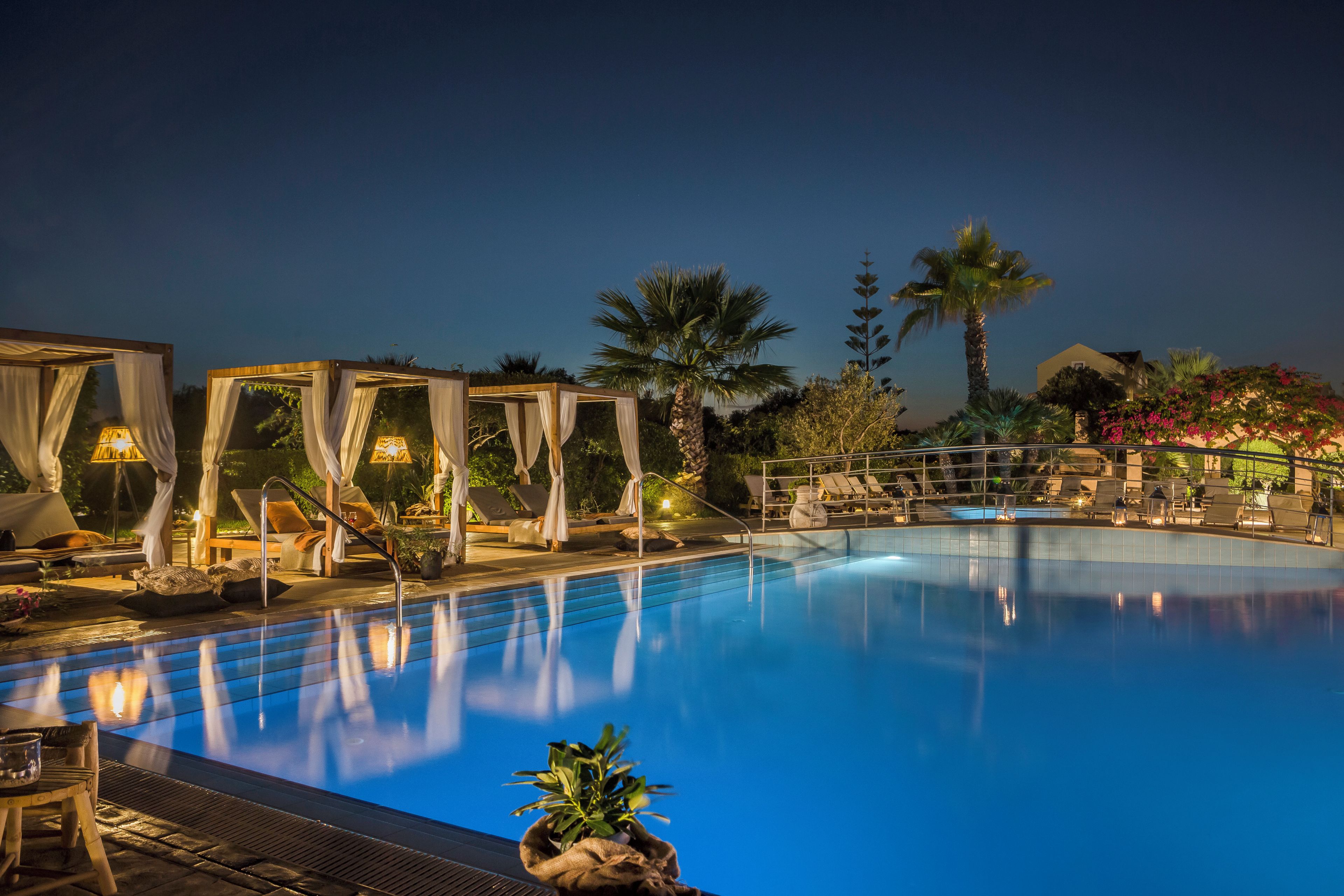 A swimming pool with lounge chairs, a palm tree, and a gazebo.