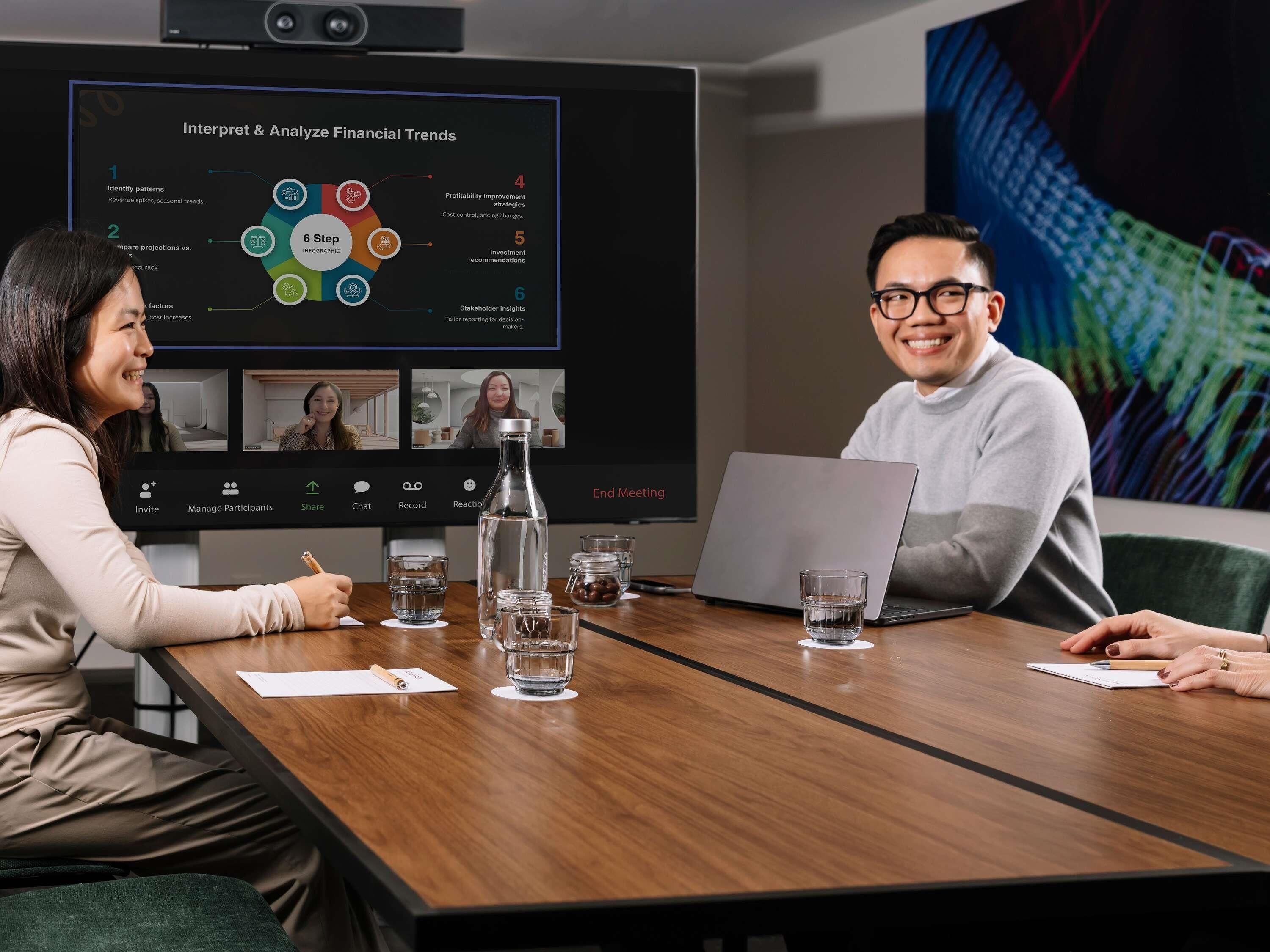 A meeting room with a large screen displaying a financial analysis presentation, a laptop, and a bottle of water on the table.