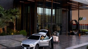 Ein moderner Hotel Eingang mit einem eleganten Auto davor, einem Gepäckwagen und einem gepflegten Gartenbereich.