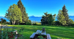 A grassy outdoor area with a wooden table and benches, surrounded by tall trees and a view of mountains and a body of water. - Raspberry cottage (Homer)