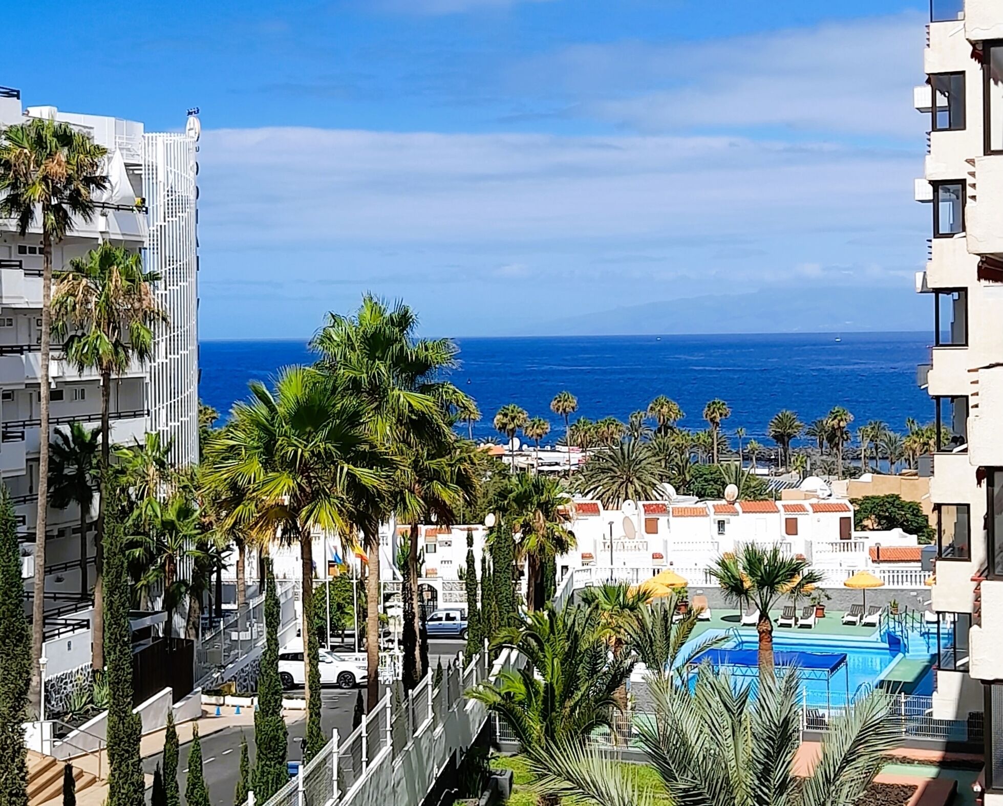 A high-rise building with a pool and palm trees, overlooking a coastal area.