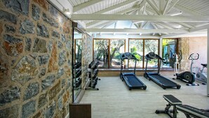 Un gimnasio con paredes de piedra, cintas de correr y equipo de ejercicio.