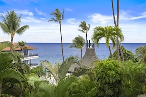 Enjoy unobstructed ocean views from this coastal property, surrounded by lush tropical plants and a distinctive chimney structure.
