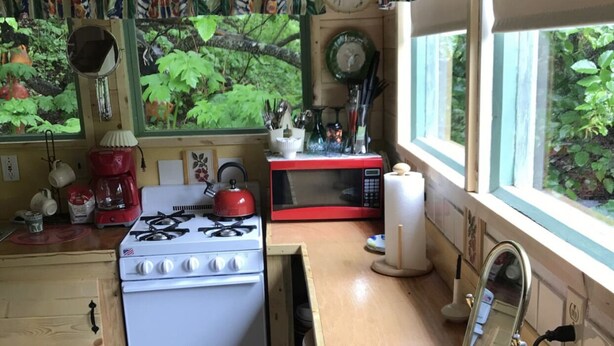 Cocina compacta con estufa, microondas y un lavamanos pequeño. Se ve un ventanal con vistas a zonas verdes.