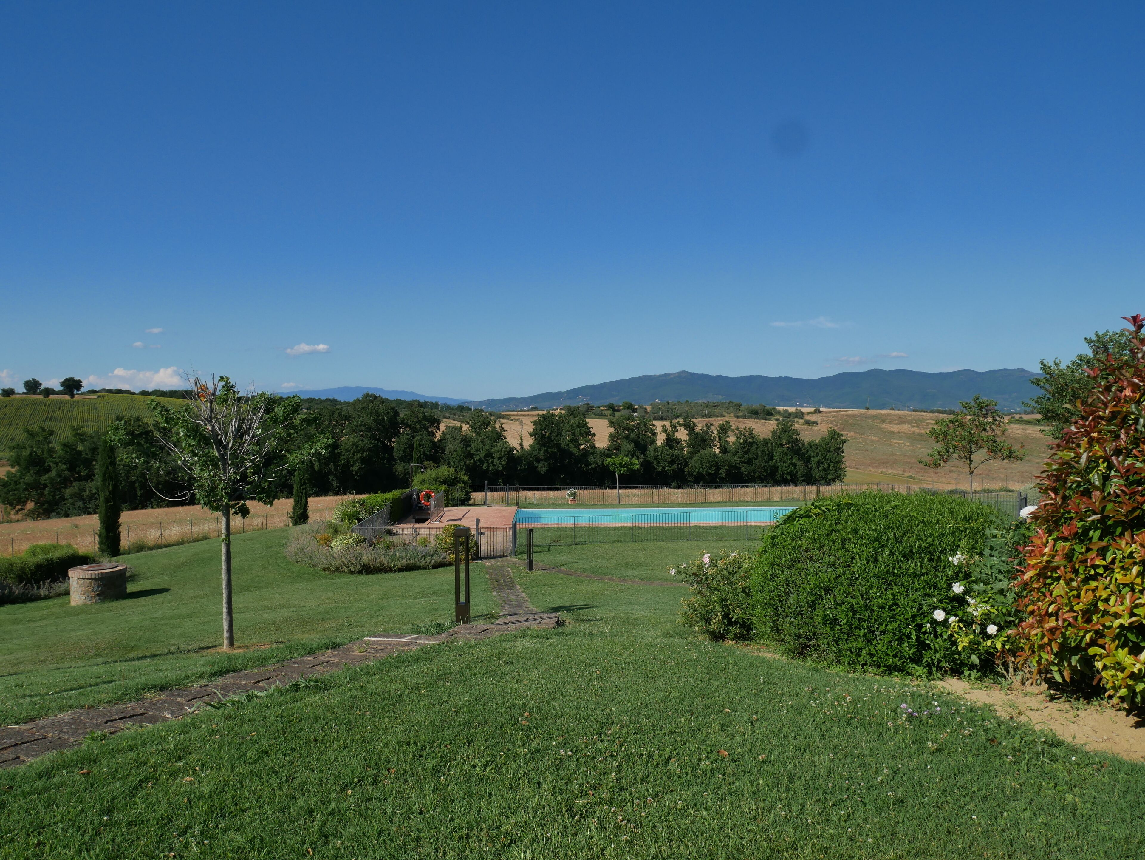 A grassy backyard with a swimming pool, a stone well, and a stone wall.