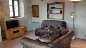 A cozy living room with a fireplace, a television, a sofa, and a bookshelf. - Gîte 3 Personnes, Proche de Beauval et Chenonceaux (Montrichard Val de Cher)