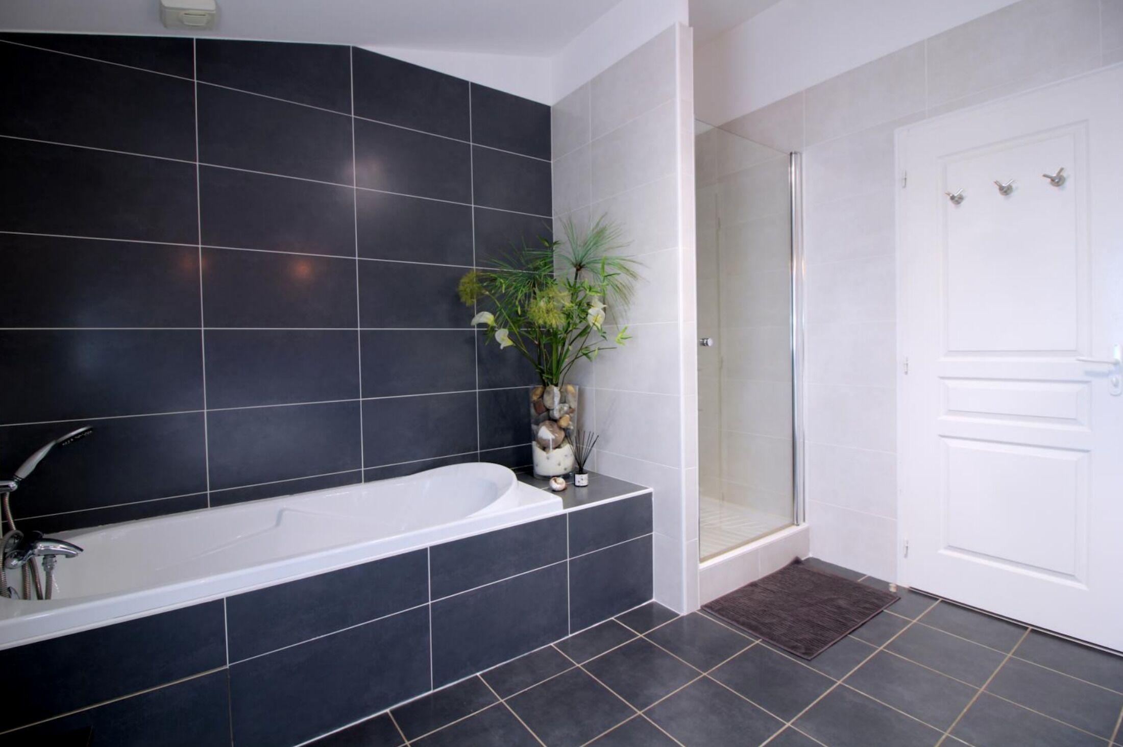 Bathtub, hair dryer, towels, soap