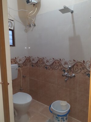 Combined shower/tub, bidet, towels, soap